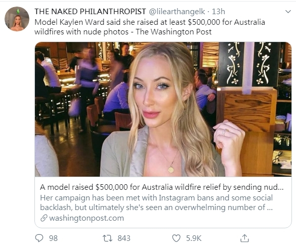 女模Kaylen Ward : 捐10美元她就會寄一張裸照給捐款人士