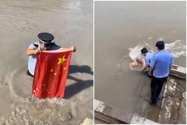 中國警察救國旗救人態度兩極